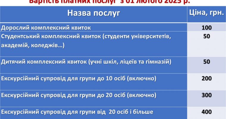 Вартість платних послуг з 01 лютого 2025 р. в ДІКЗ «Нагуєвичі»